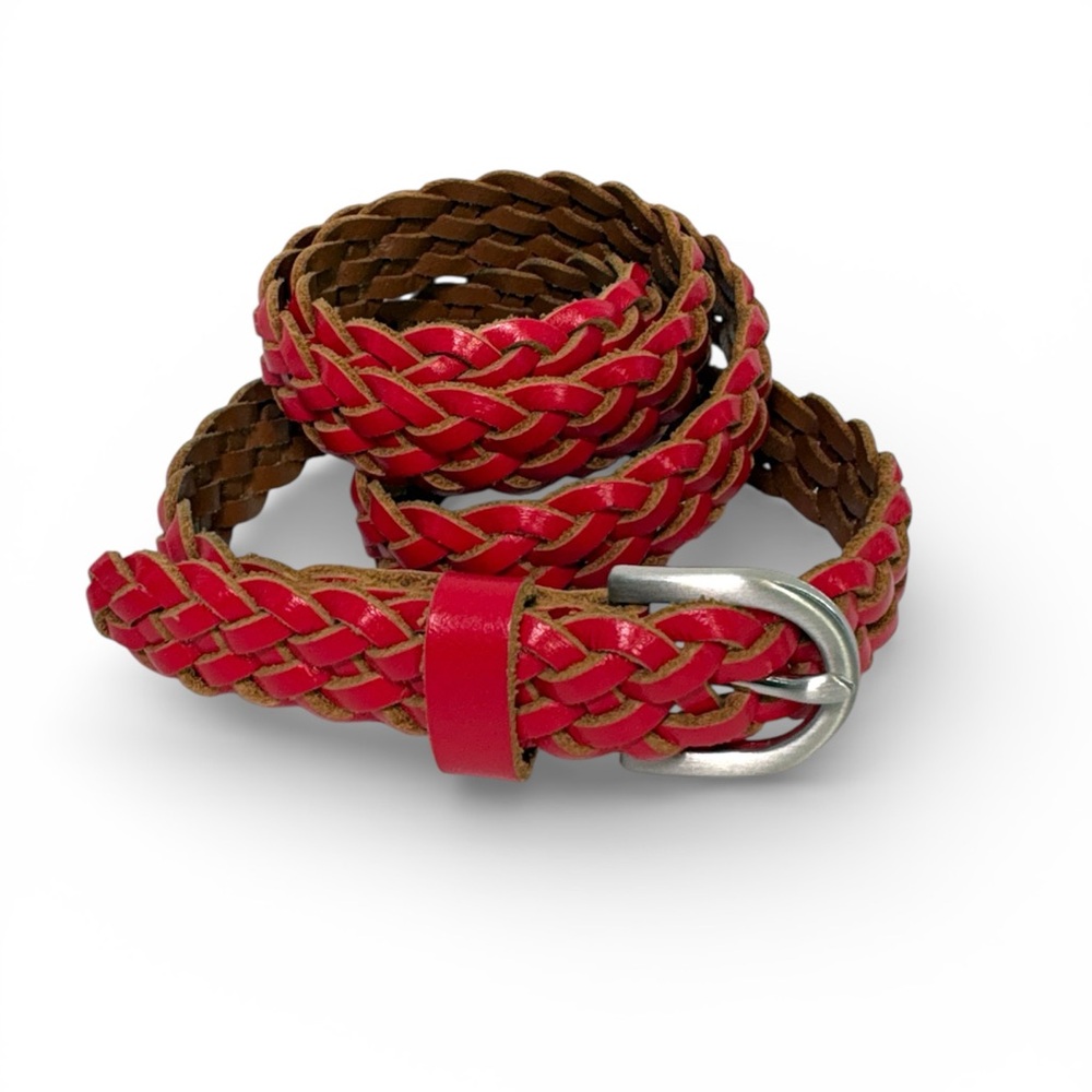 J. Crew Braided Woven Red Women's Thin Belt, Silver Buckle, Size XS/S